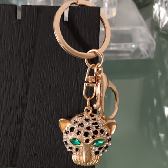 MINT Cheetah Gold Black Enamel Green & Clear Crystals Purse Charm Key Chain**NEW - Picture 4 of 7
